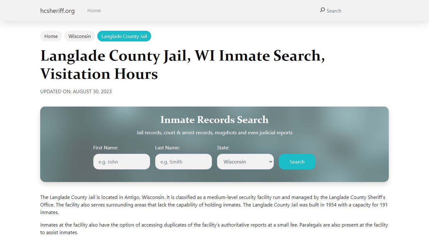 Langlade County Jail, WI Inmate Search, Visitation Hours